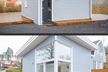 Nybyggt Attefallshus med stor altan